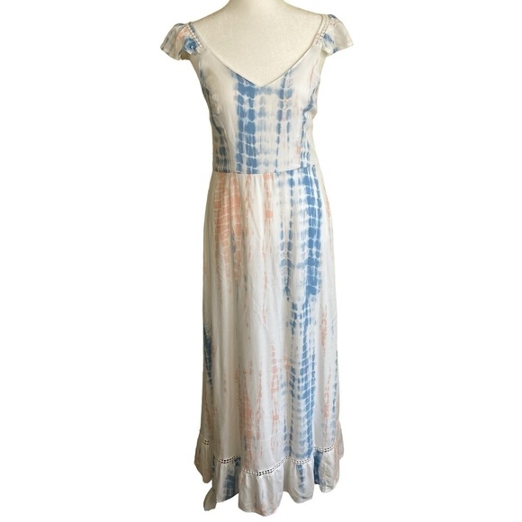 JAPNA Tie Dye Smocked Crochet Maxi Dress Ruffled Cap Sleeves White/Blue/Pink M - Picture 2 of 15